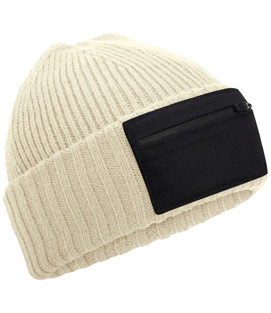 Beechfield BB334R Zip Patch Beanie in Sand/Black