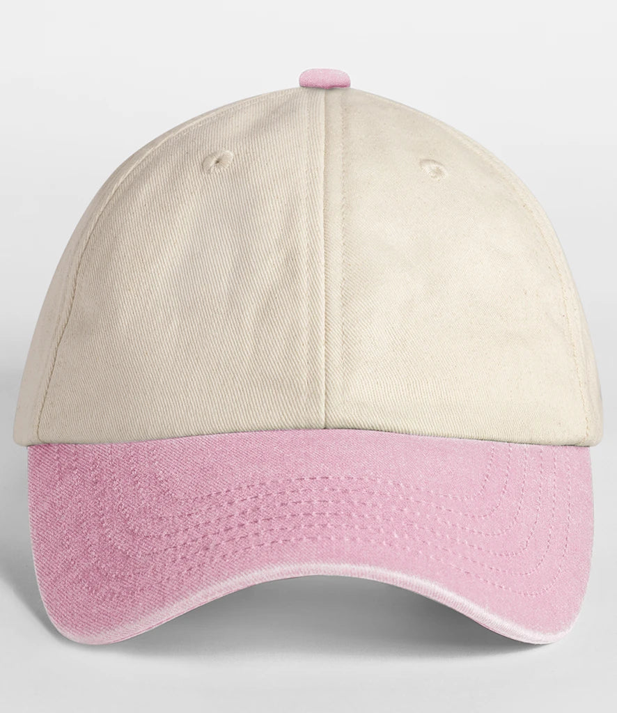 Beechfield BB673 Contrast Peak Low Profile Vintage Cap in Natural/Vintage Dusky Pink