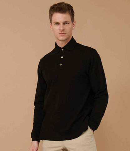 Henbury H105 Long Sleeve Cotton Piqué Polo Shirt in Black