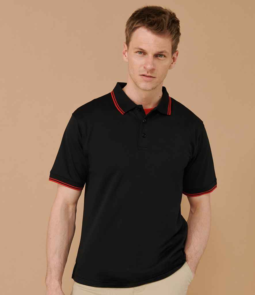 Henbury H482 Coolplus Tipped Polo Shirt in Black/Red