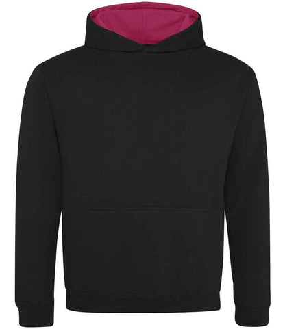 Just Hoods JH003B Kids Varsity Hoodie in Jet Black/Hot Pink