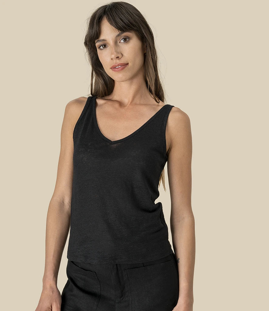 Spasso SP343 Ladies Linen Tank Top in Black